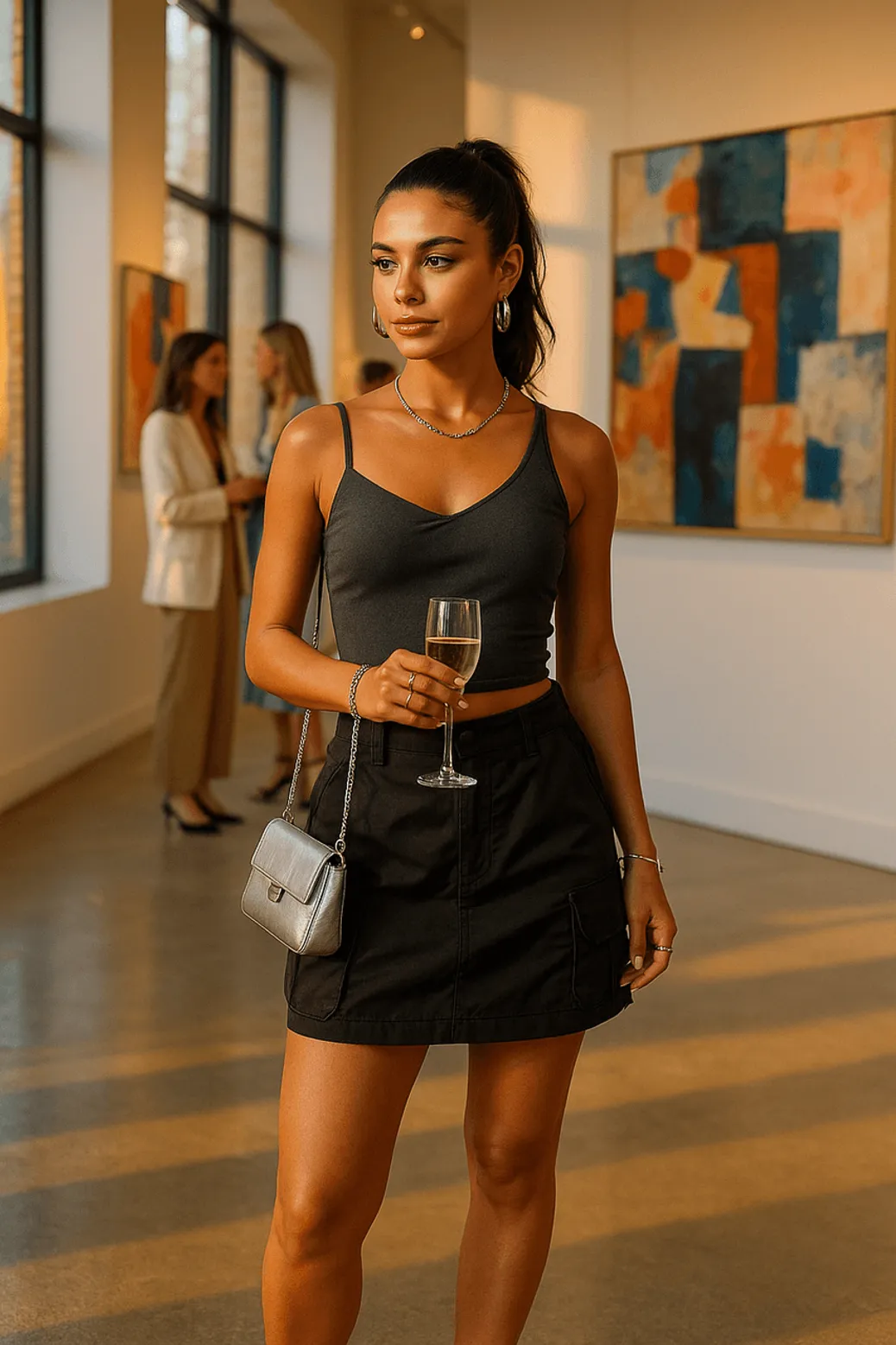 Elegant museum outfit with charcoal top and silver mini bag