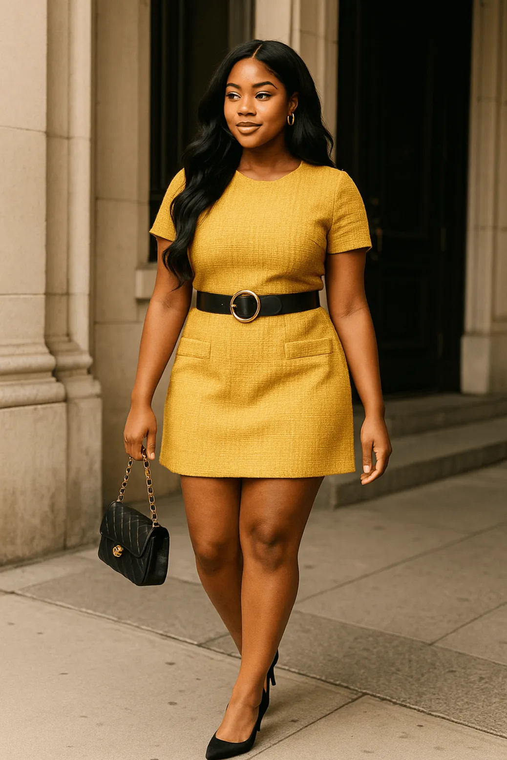 Woman in mustard mini dress with bold black belt