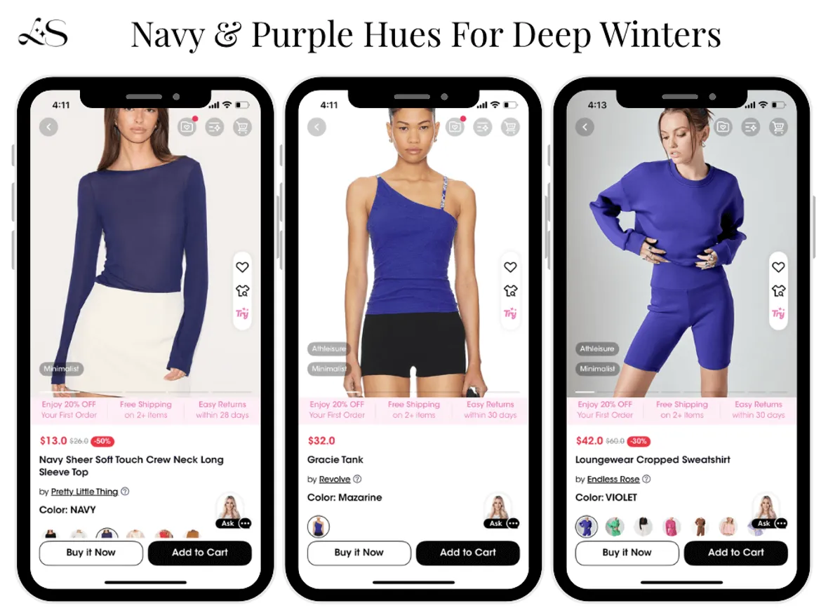 Navy and purple tops for Deep Winter styling