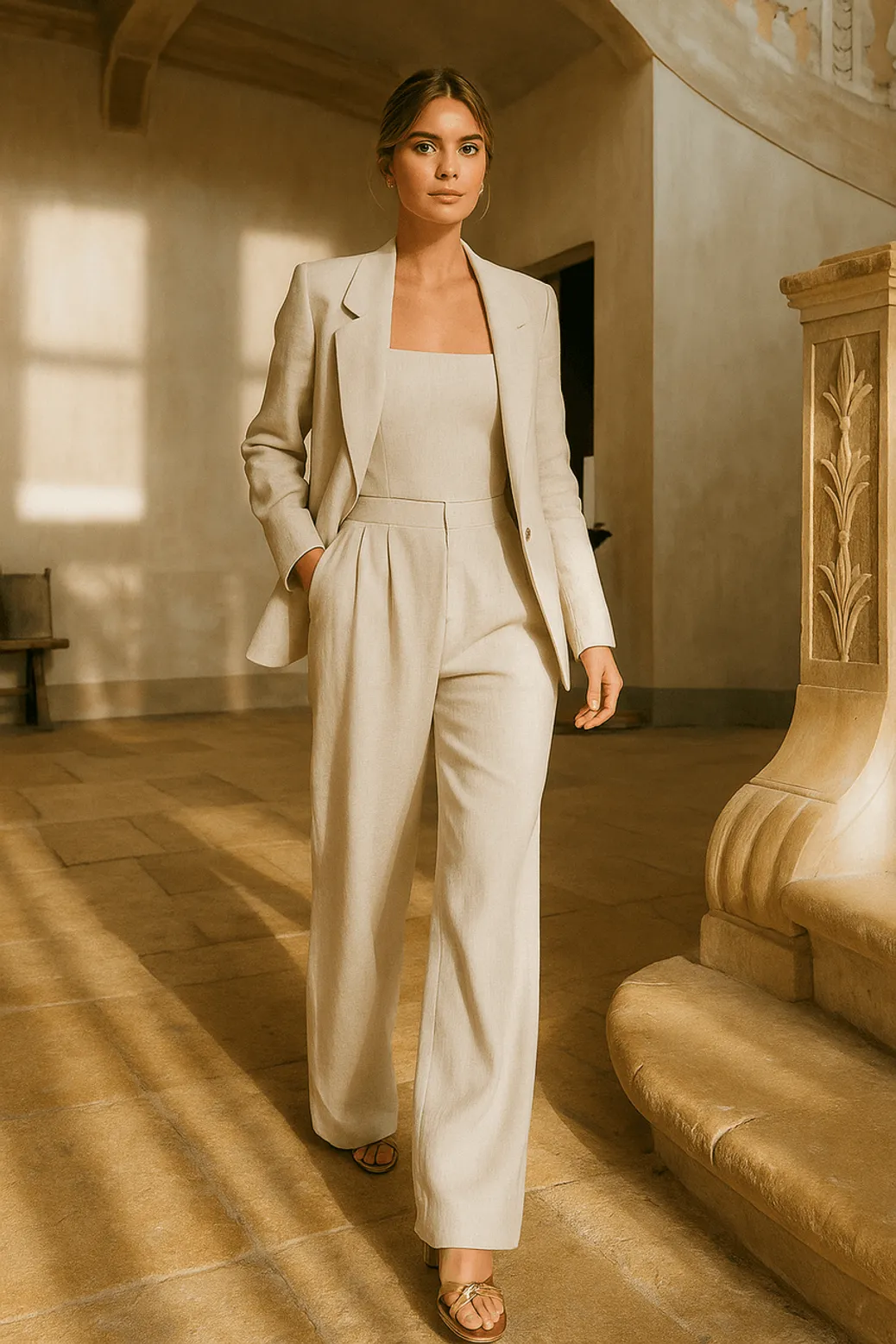 Elegant women’s neutral tailored suit with wide-leg pants and a structured blazer, a minimalist 2025 fashion outfit for work, events, and winter styling.