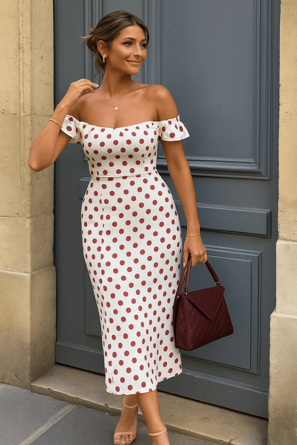 Off-shoulder white polka dot dress