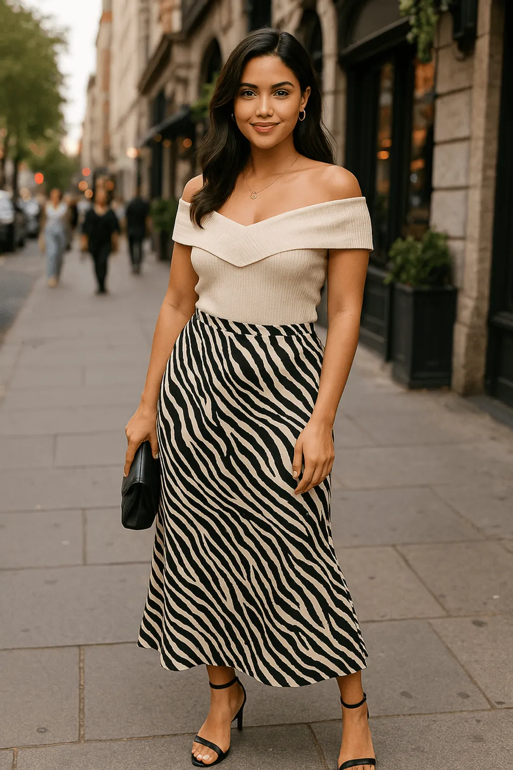 Off-shoulder top with zebra print skirt