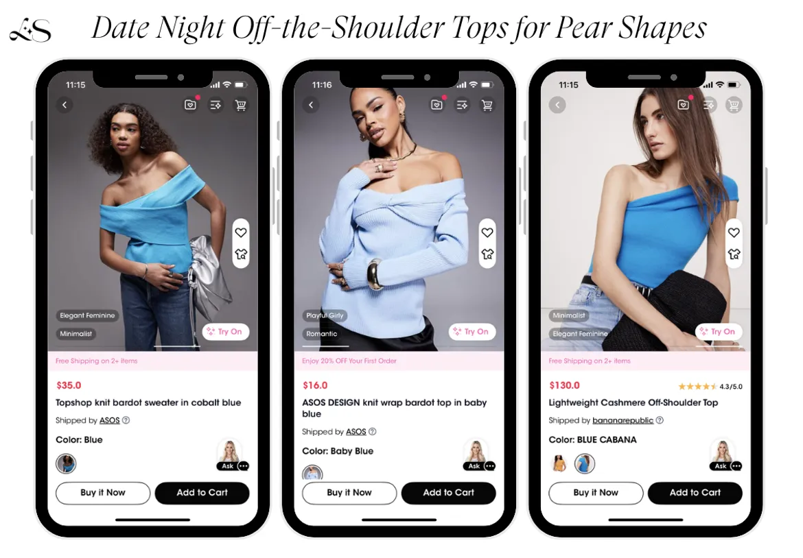 Off-the-shoulder tops for pear shapes in various shades of blue