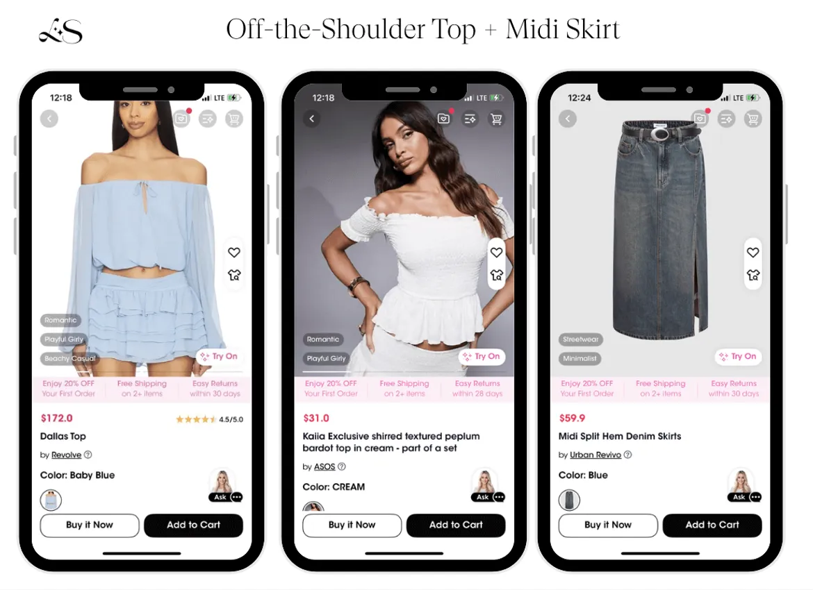Off-the-shoulder tops paired with denim midi skirts