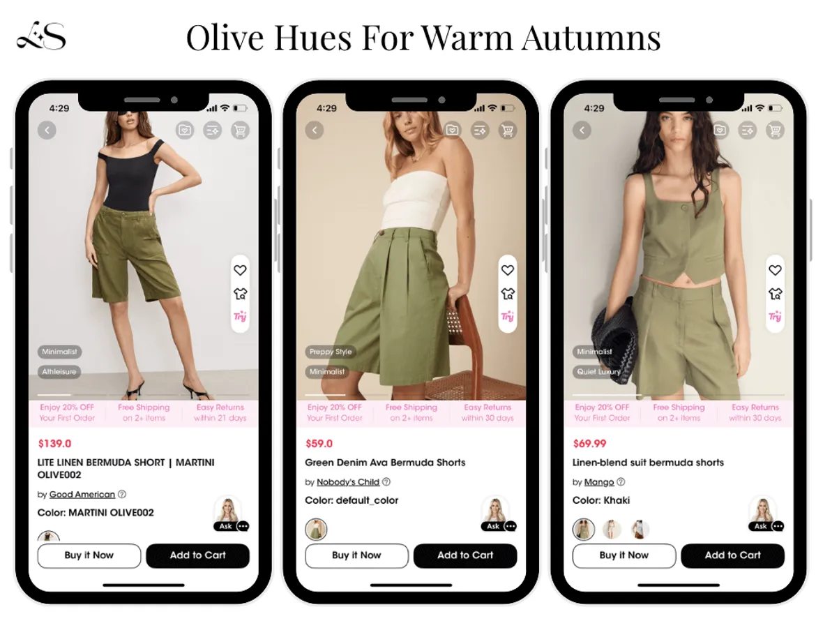 Olive green shorts for warm autumn outfits