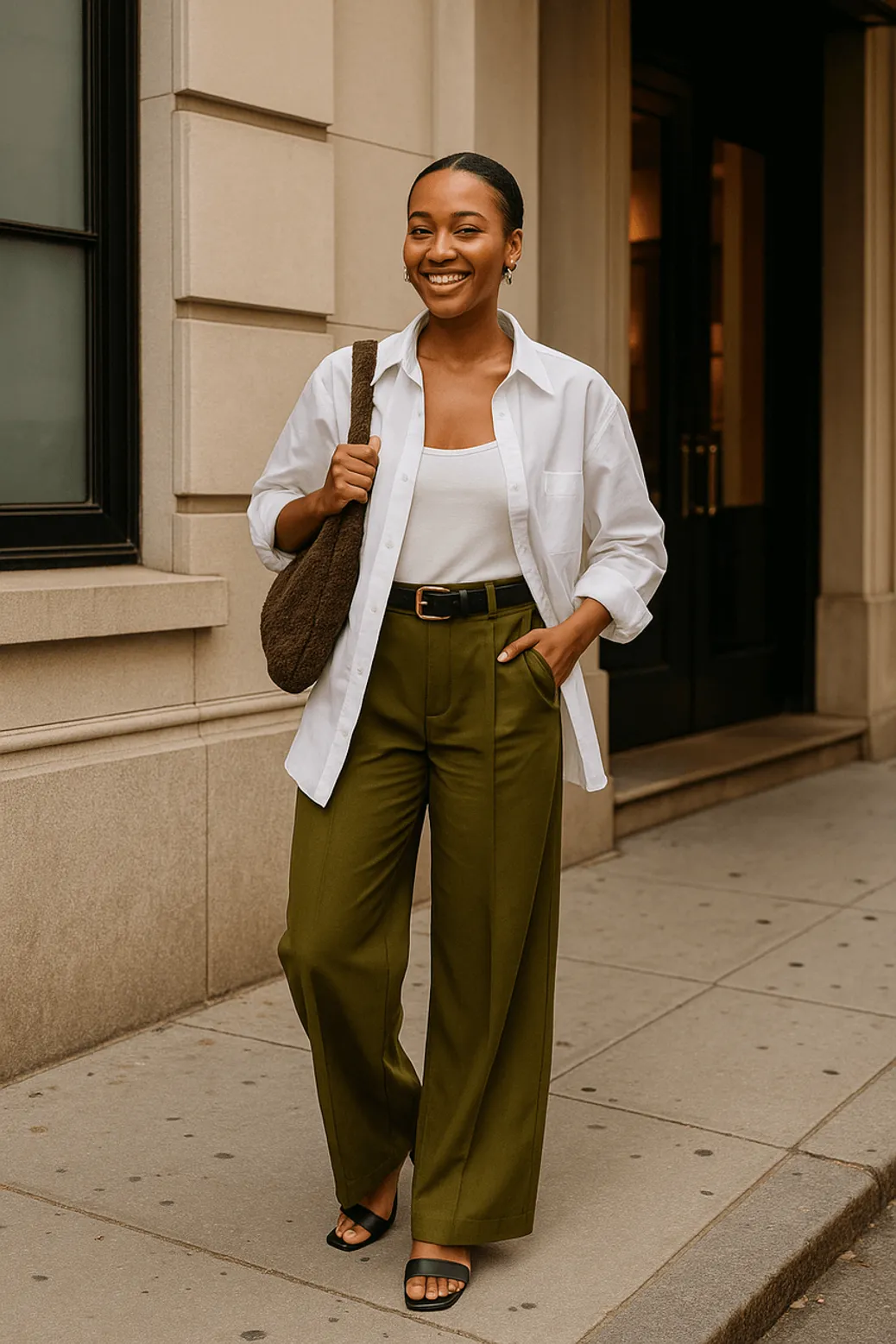 Woman in olive trousers and oversized white shirt with a brown tote