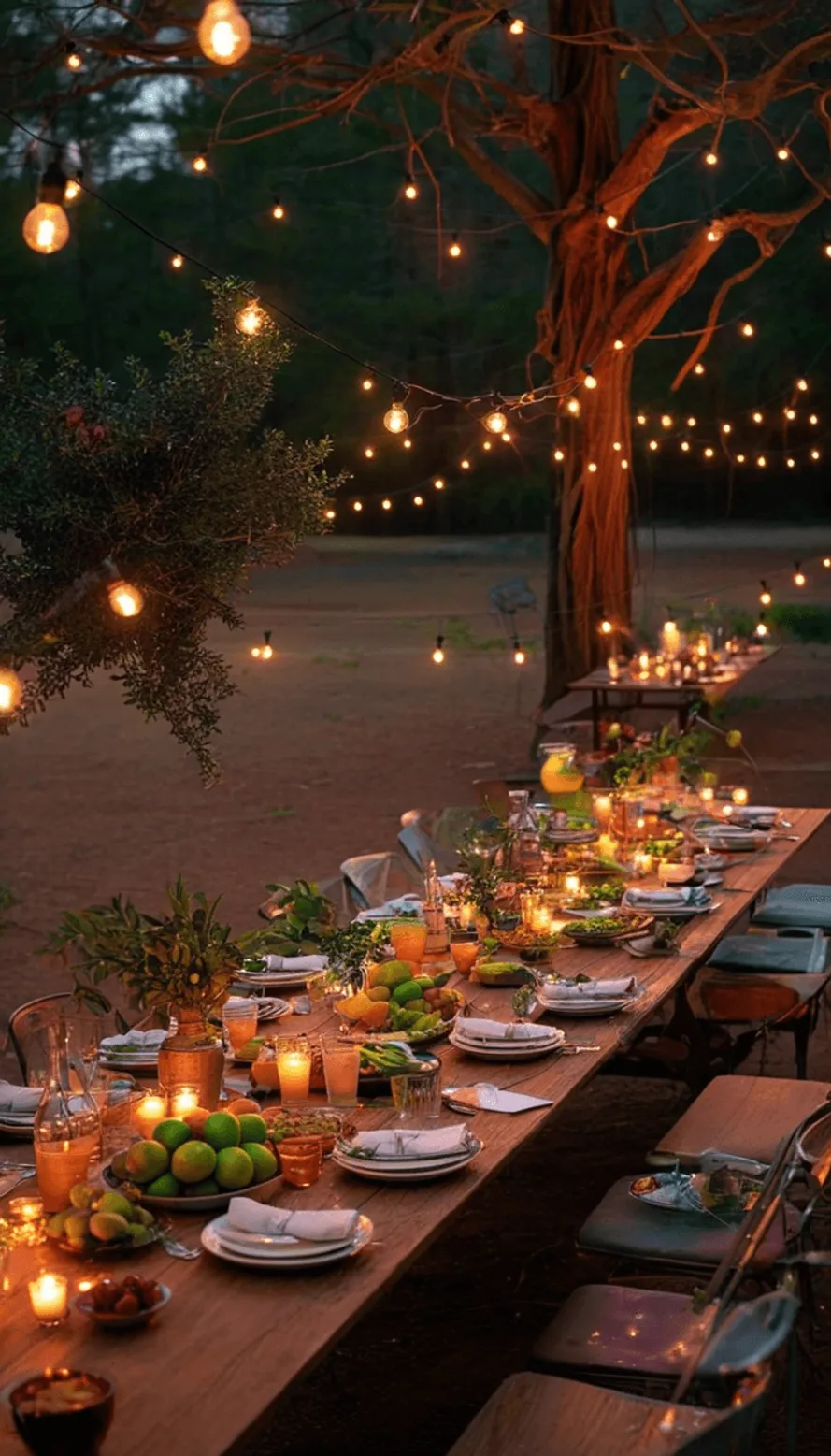 Rustic outdoor dinner party under string lights