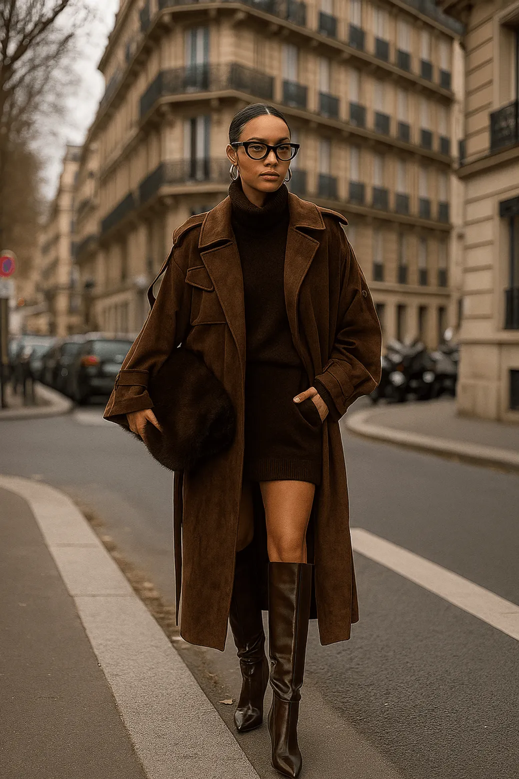 A woman walking through Paris in a brown suede trench coat, dark knit mini dress, and tall leather boots — a rich, monochromatic Fall/Winter 2025 street style look.