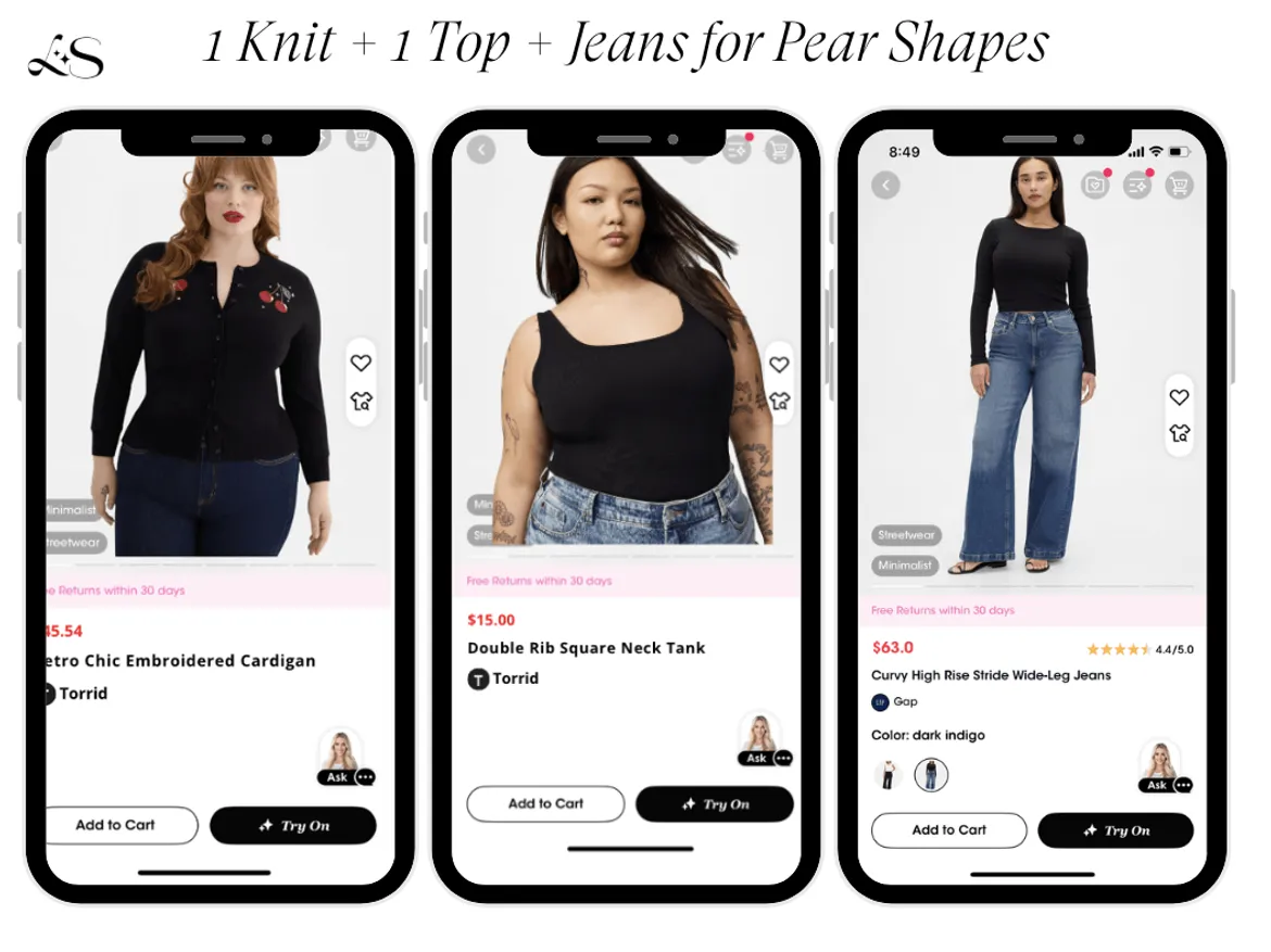 Outfit picks for pear shapes featuring cardigan, tank top and wide-leg jeans