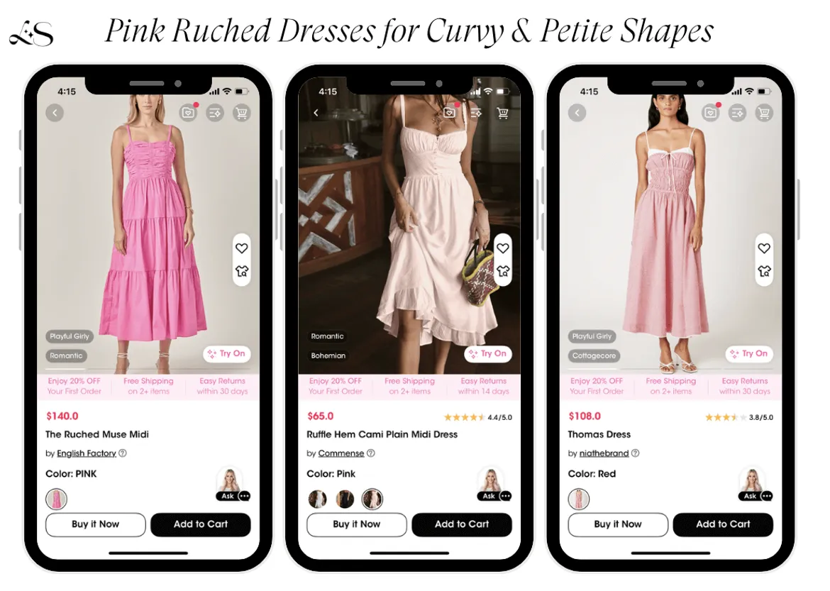 Curvy and petite-friendly hot pink ruched midi dress with tiered skirt