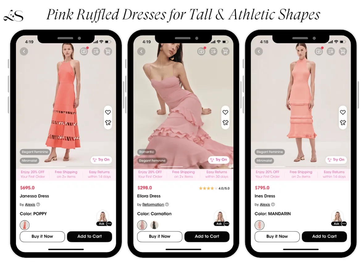 Ruffled pink dresses for tall and athletic shapes