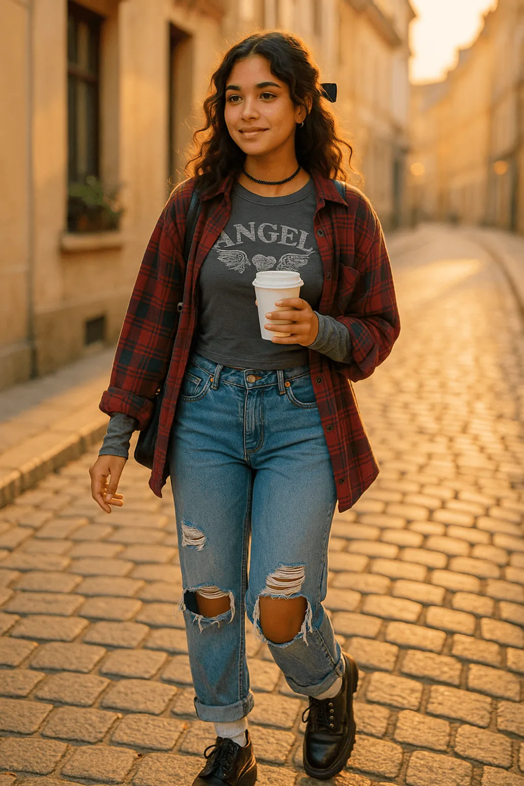 Girl wearing plaid shirt, graphic tee, and ripped jeans