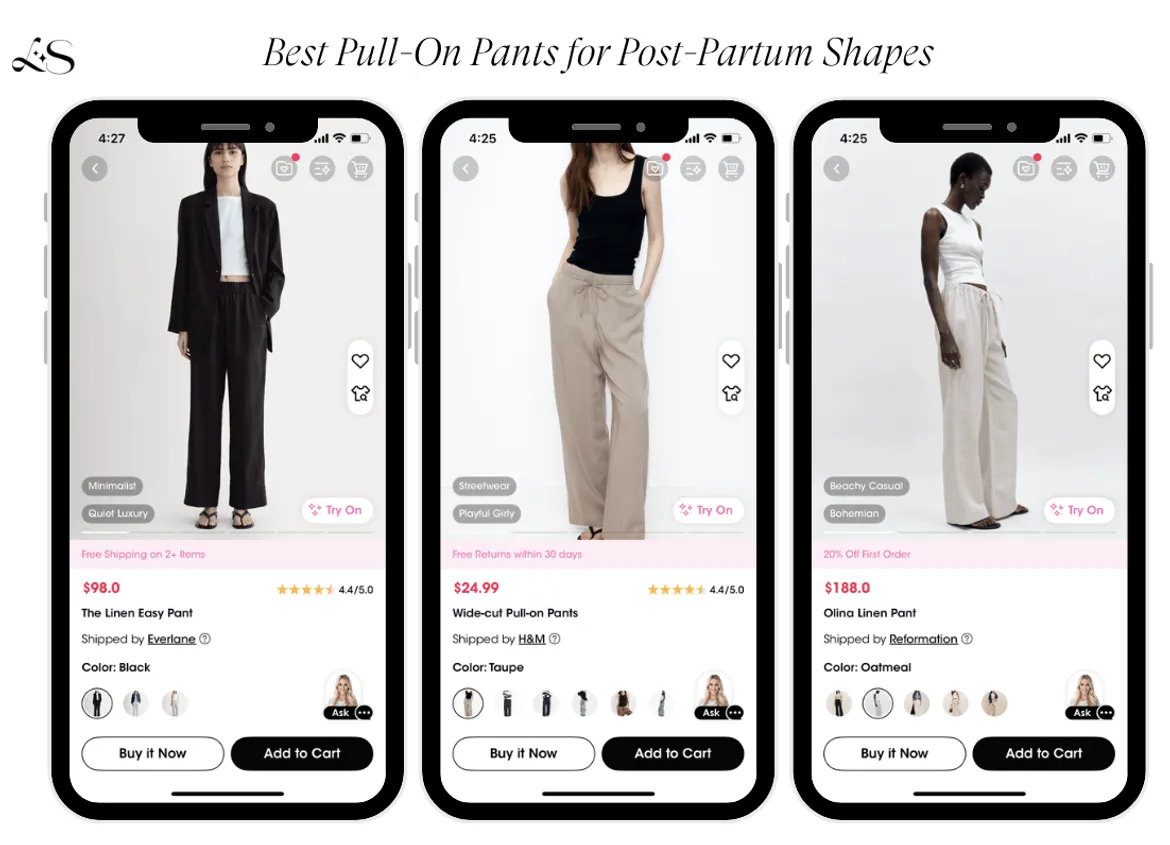 Comfortable pull-on pants for postpartum bodies on models