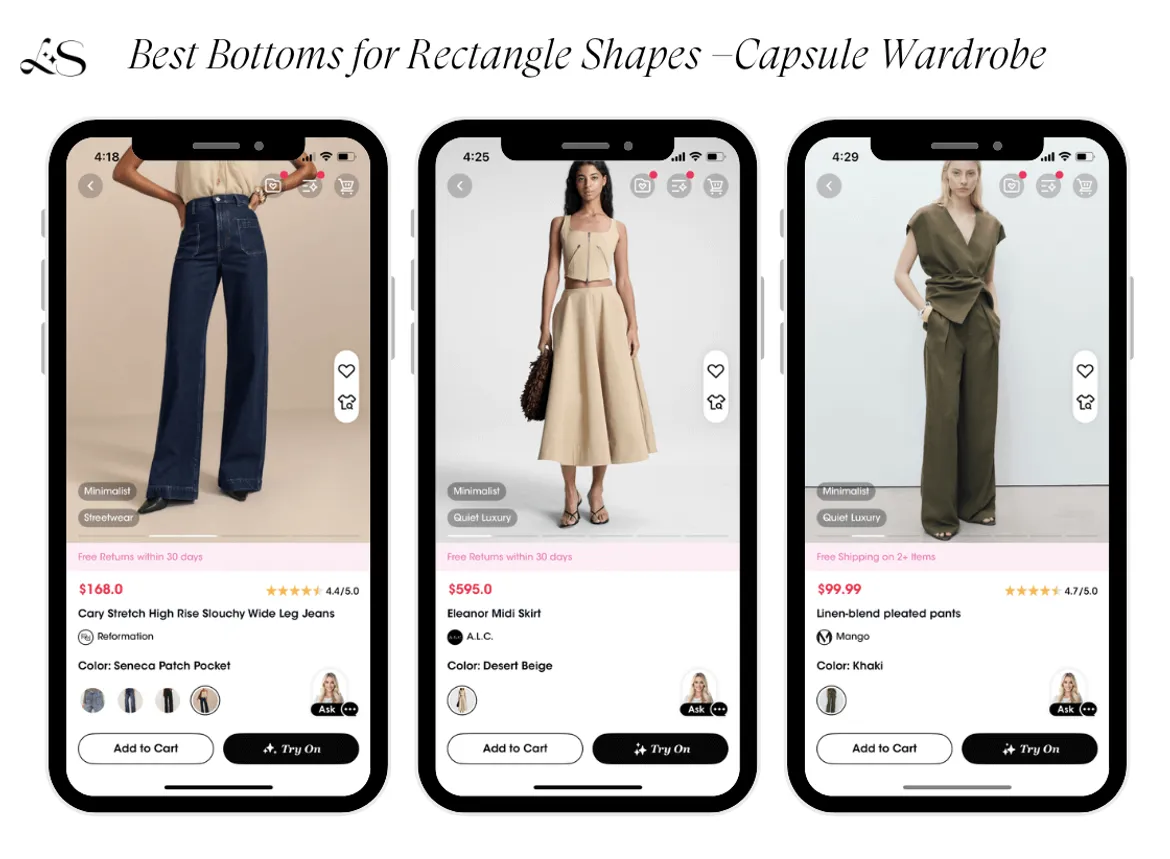Best bottoms for rectangle body shapes with wide leg jeans, midi skirts, and pleated pants