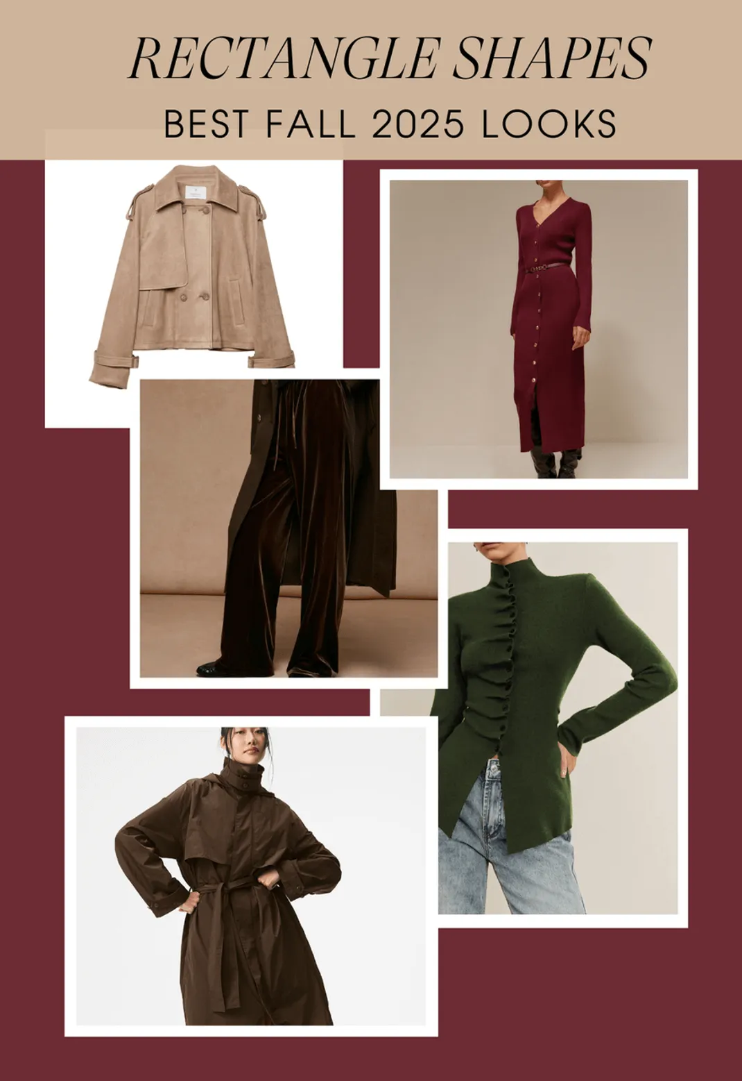 Fall outfit collage for rectangle body shapes featuring trench coat, knit dress, velvet pants, and structured top