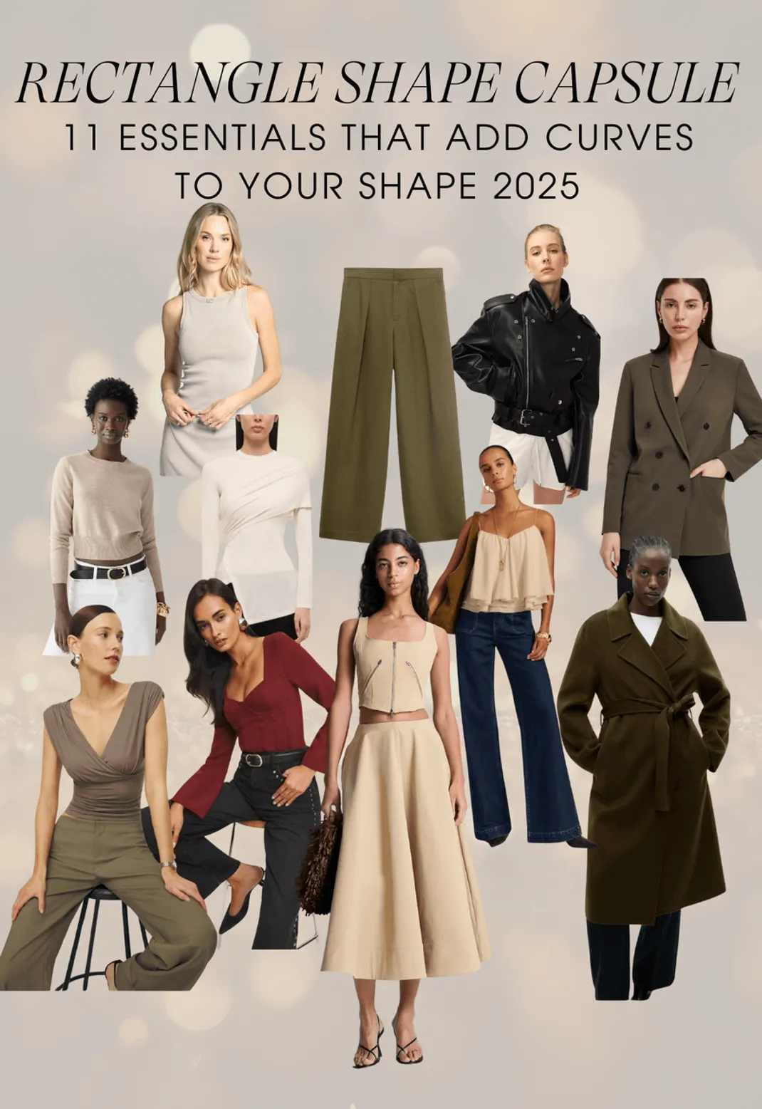 Rectangle body shape capsule wardrobe with 11 essentials for adding curves in 2025
