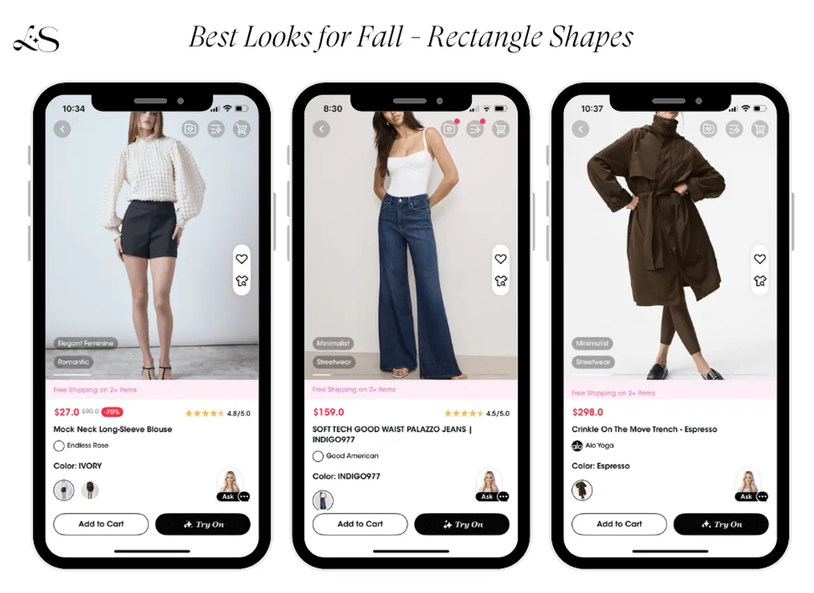 Virtual try-on of fall outfits for rectangle body shapes including blouse, palazzo jeans and trench coat