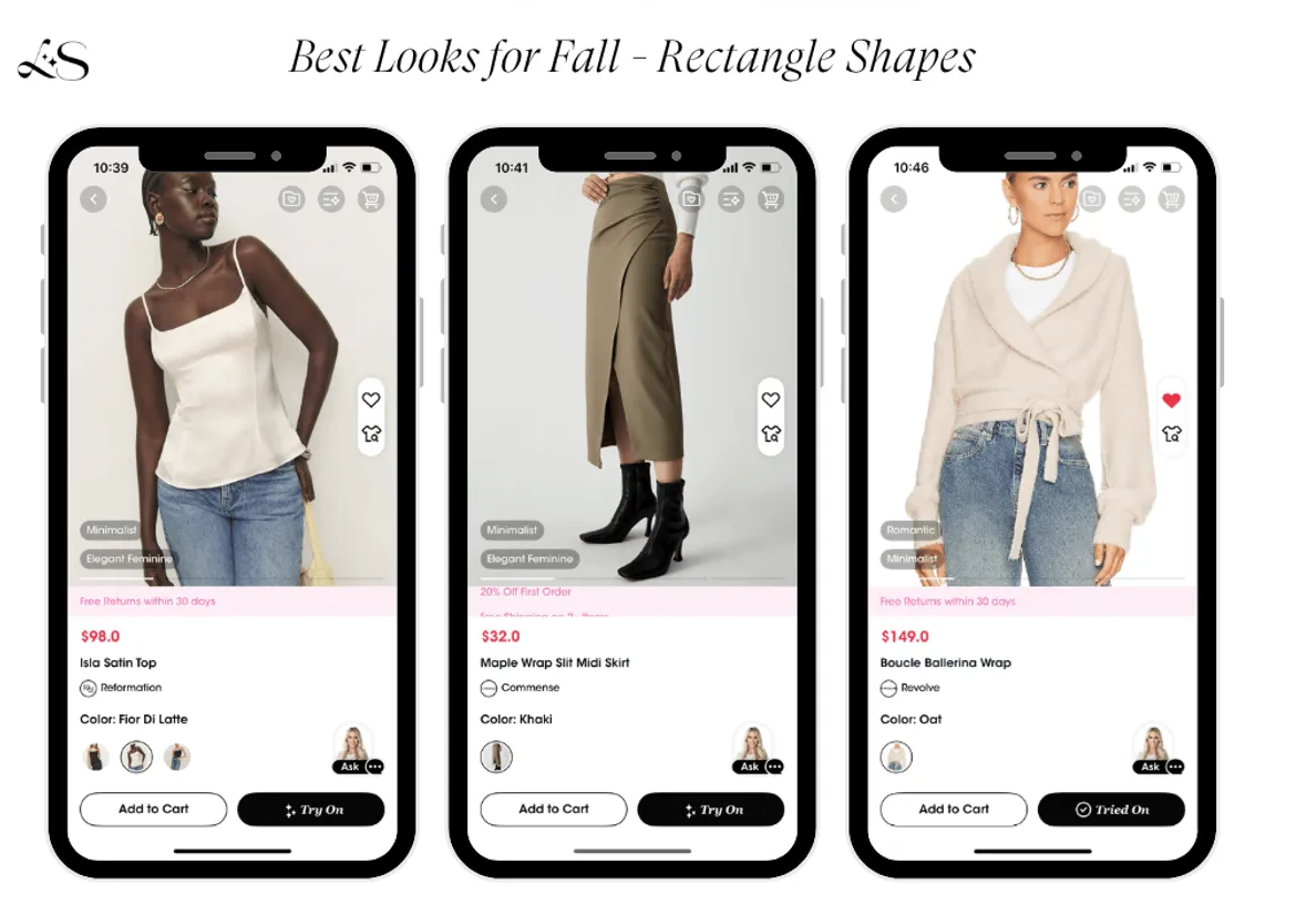 Fall outfit try-on with satin top, midi skirt, and wrap cardigan for rectangle shapes