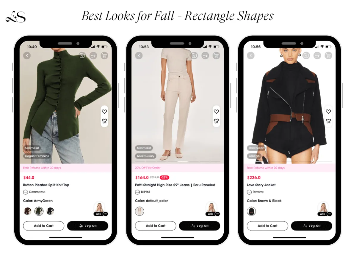 Rectangle shape fall outfit picks: olive button top, cream jeans, black military jacket