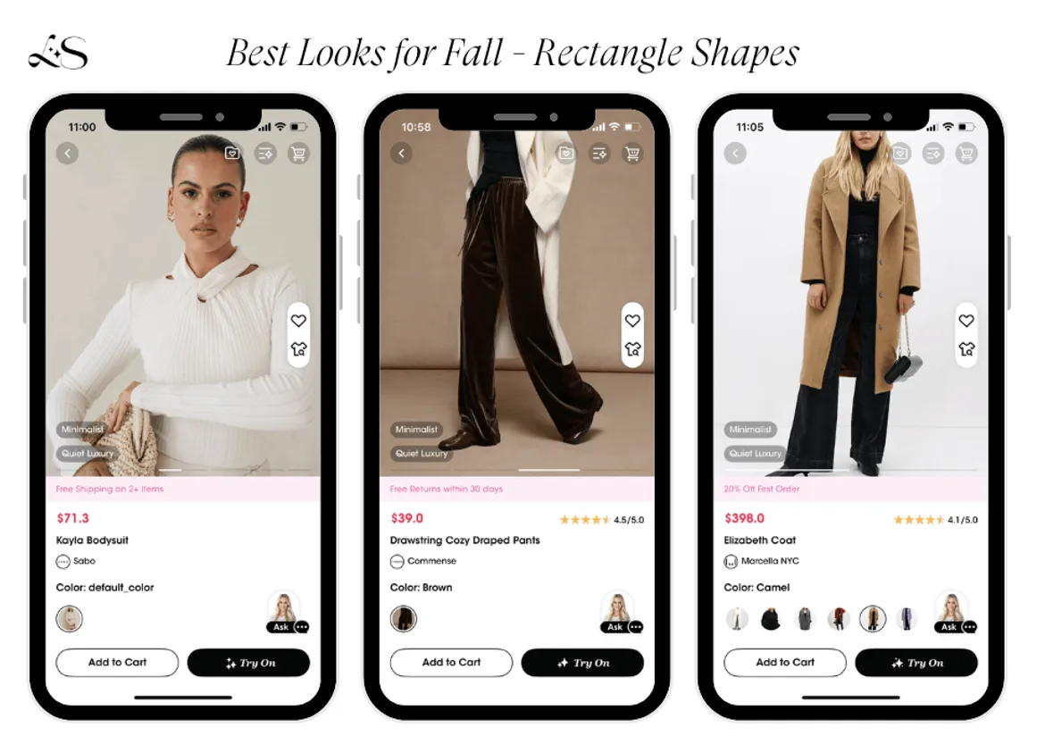 Fall looks with ribbed bodysuit, velvet pants and camel coat for rectangle figures