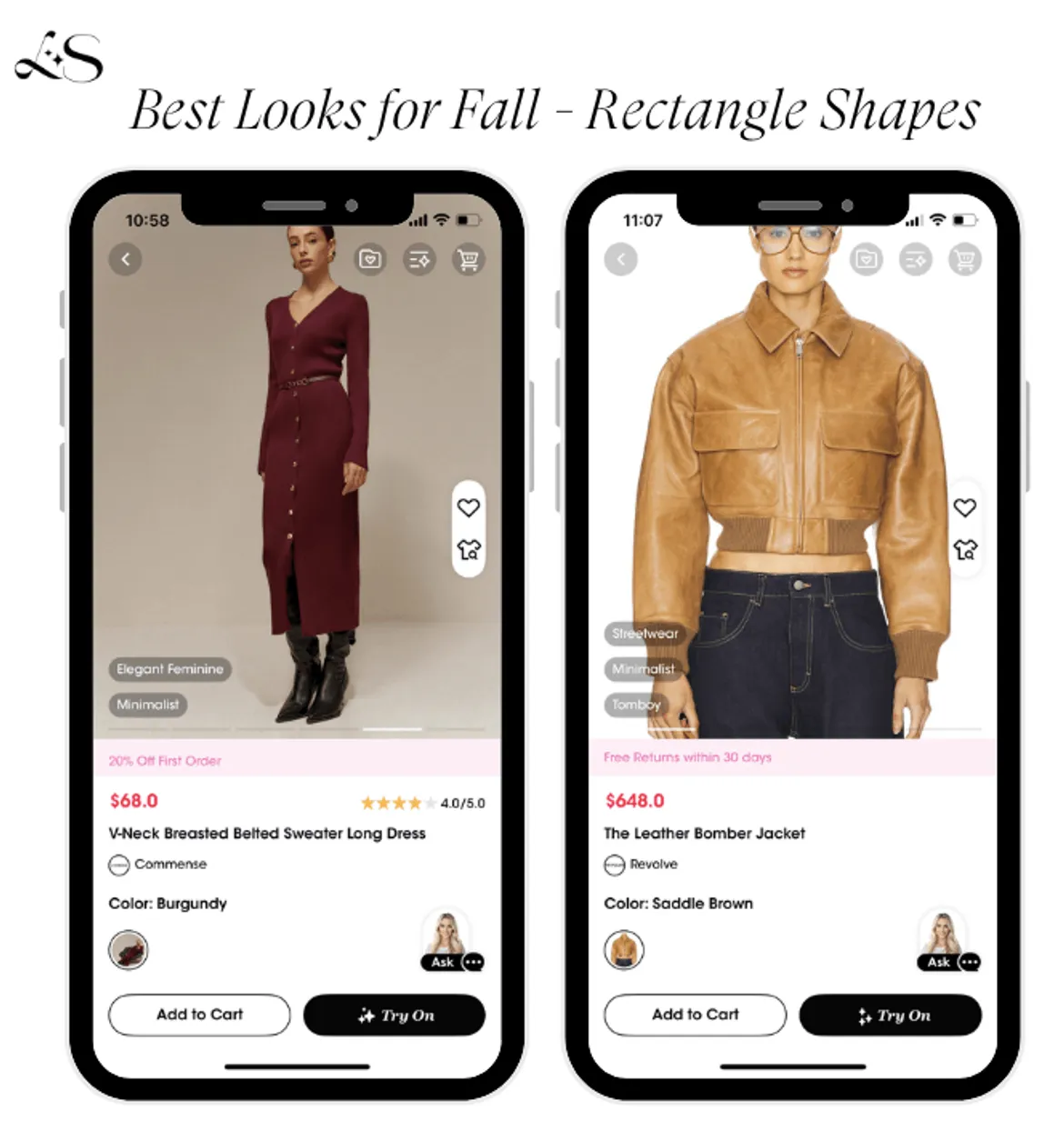 Knit belted dress and bomber jacket shown on try-on app for rectangle shapes