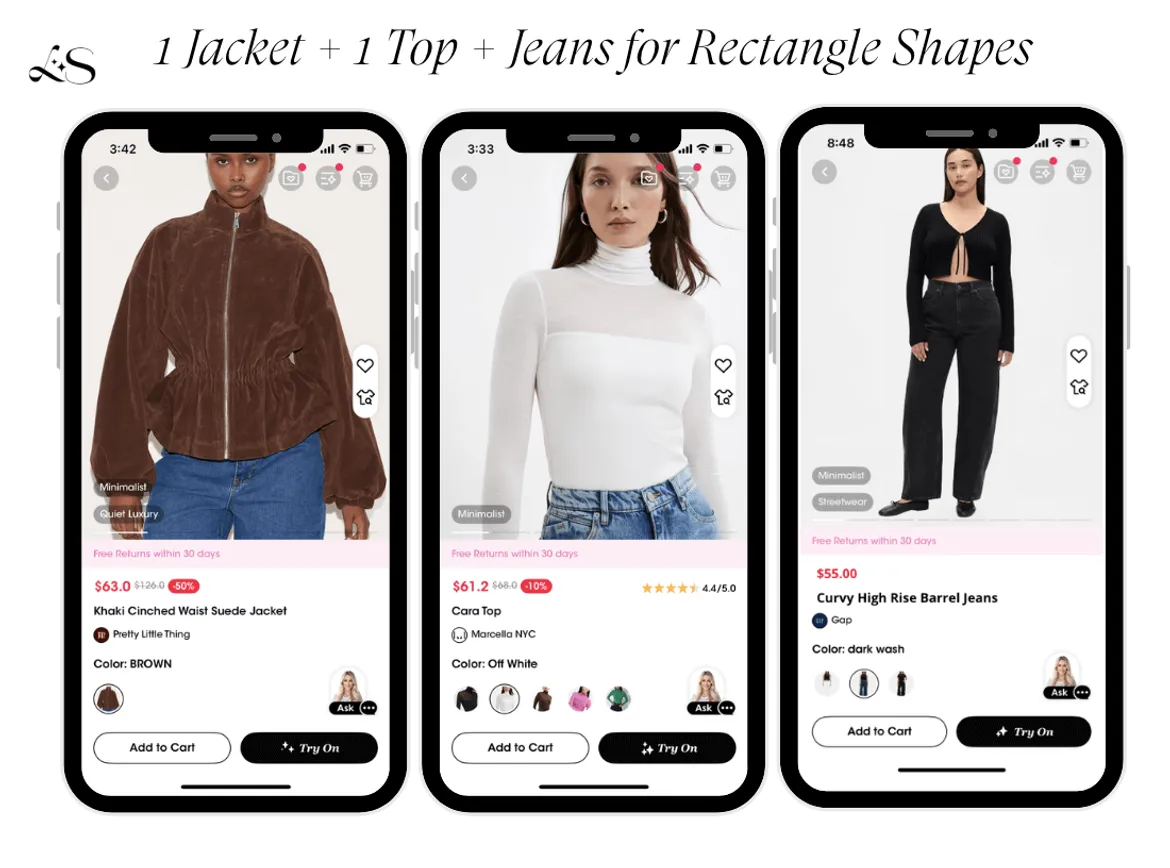 Outfit idea for rectangle shapes with cinched jacket, sheer top and barrel jeans