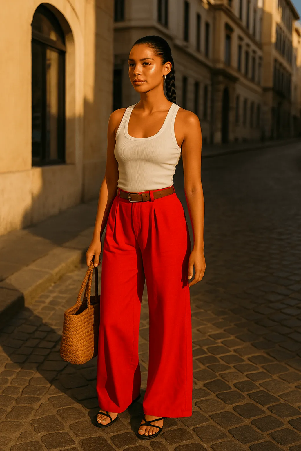 White ribbed tank top with bright red wide-leg trousers