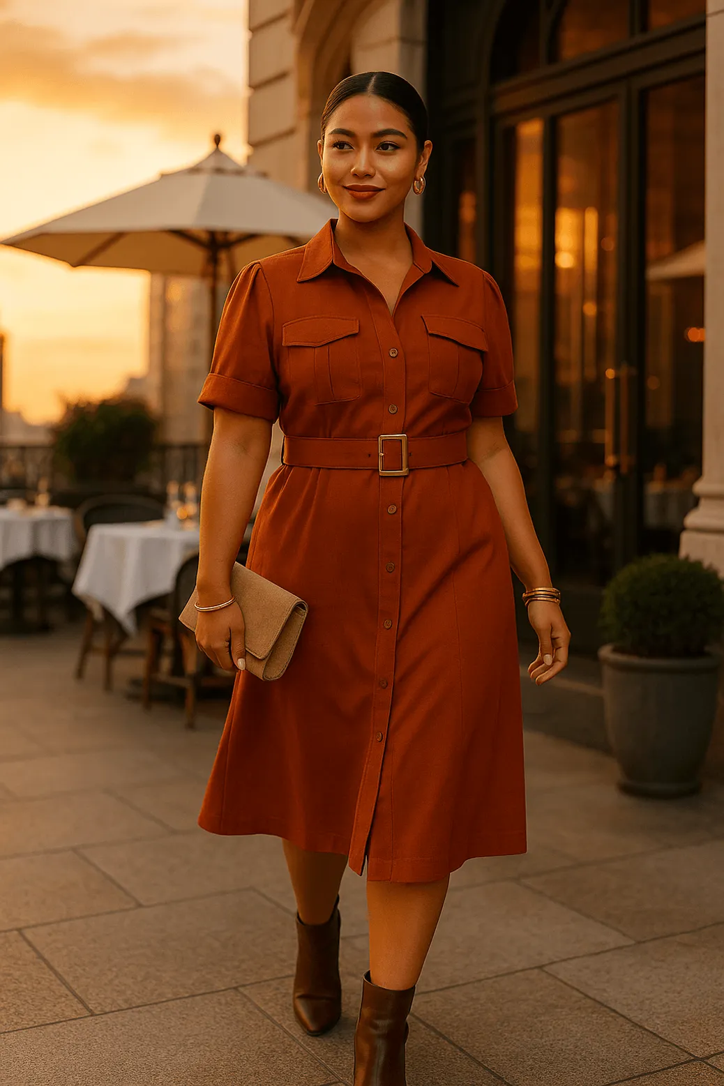 Elegant woman in a rust-colored belted dress at sunset