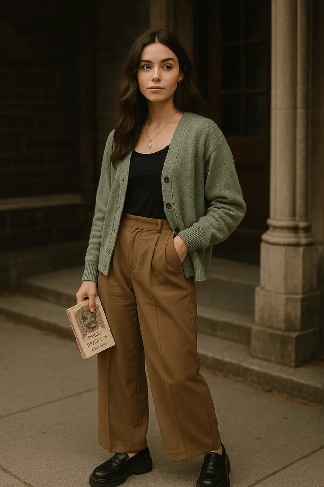 Sage green cardigan and brown wide-leg trousers for fall