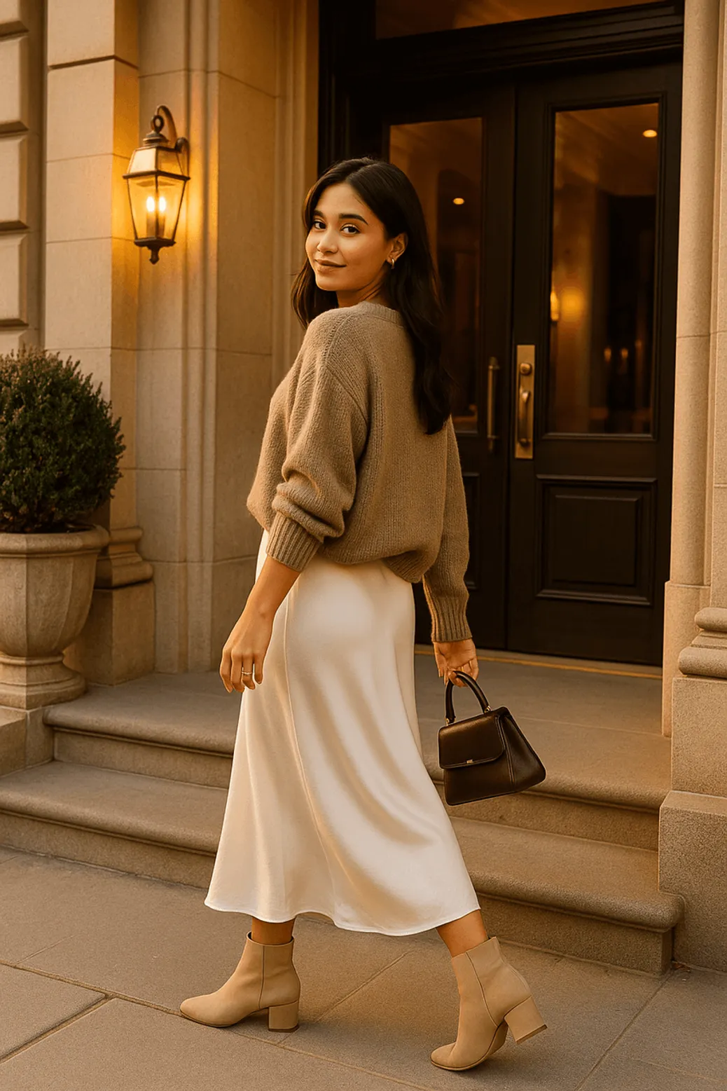 Woman in a brown sweater and cream satin midi skirt with ankle boots