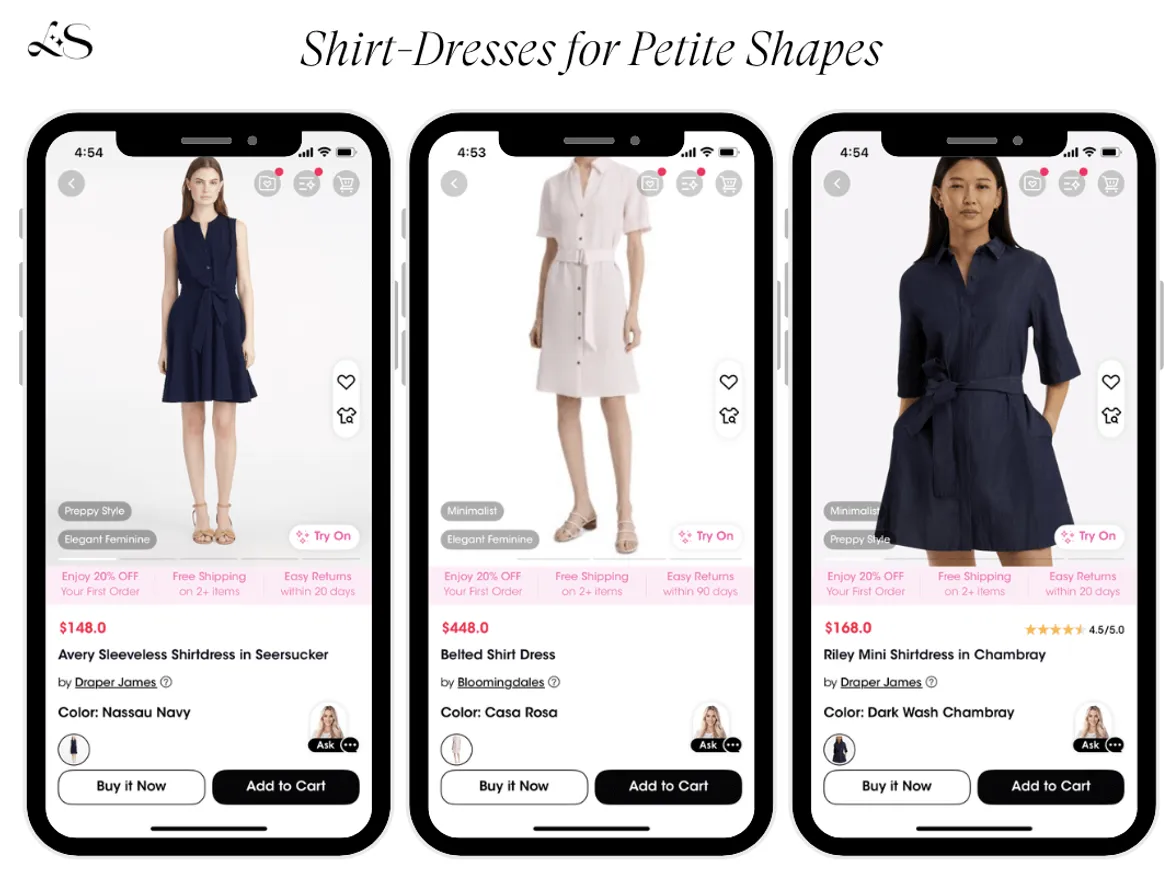 Shirt-dresses styled for petite women in navy, white, and chambray