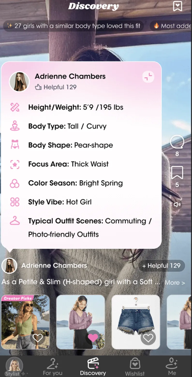 LookSky user profile showing style vibe and body shape