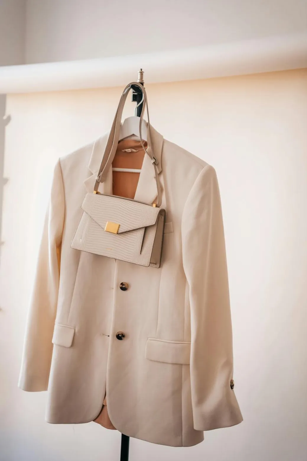 A minimalist fashion composition featuring a beige blazer and a matching handbag.