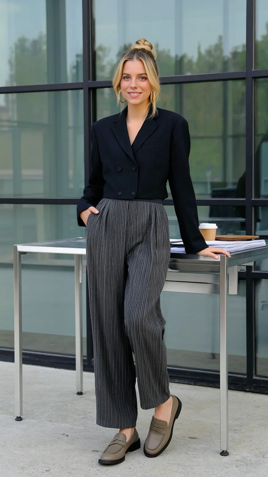 Woman in black blazer and grey pinstripe pants outside office