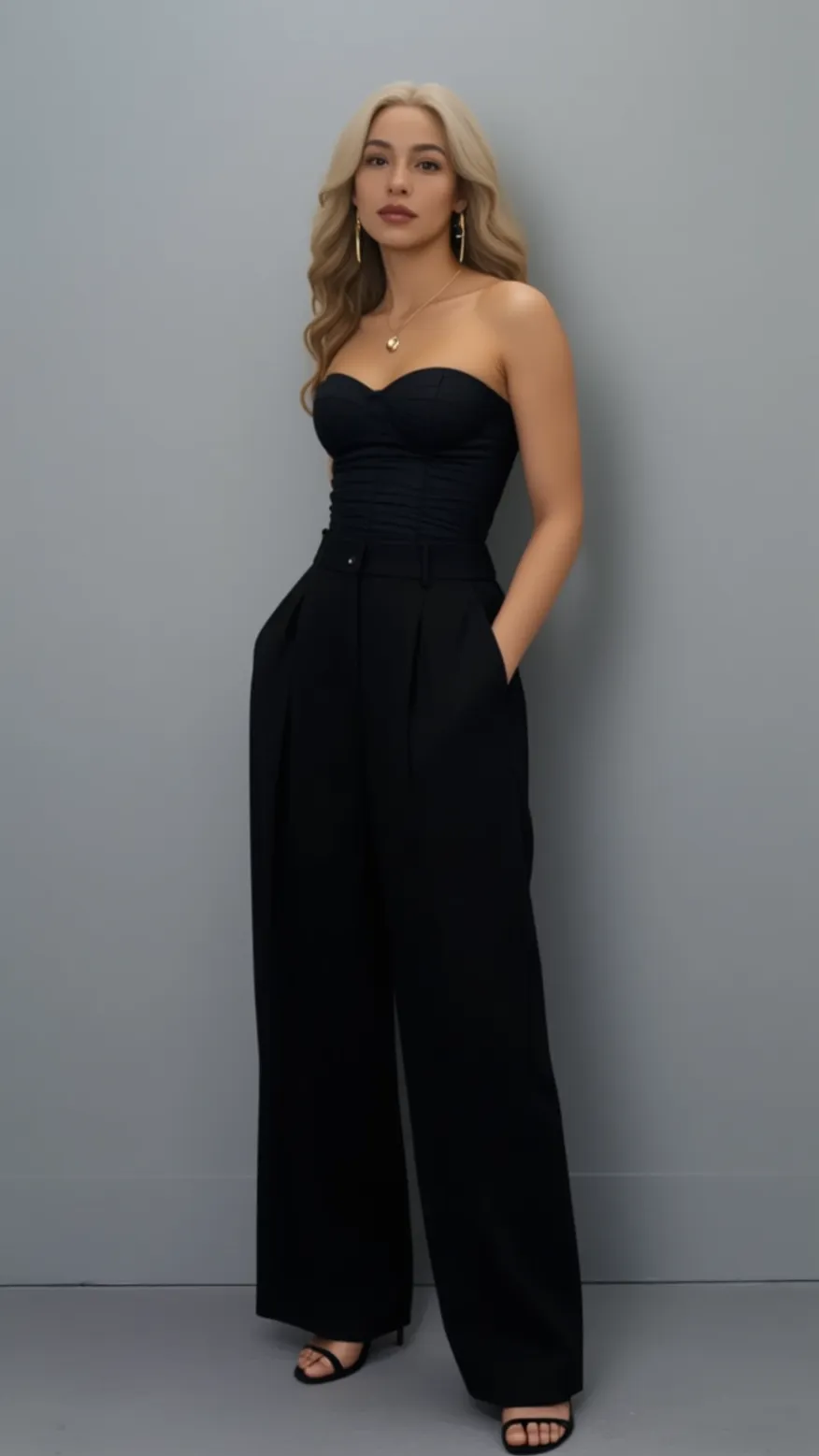 Woman in black bustier top and wide-leg pants