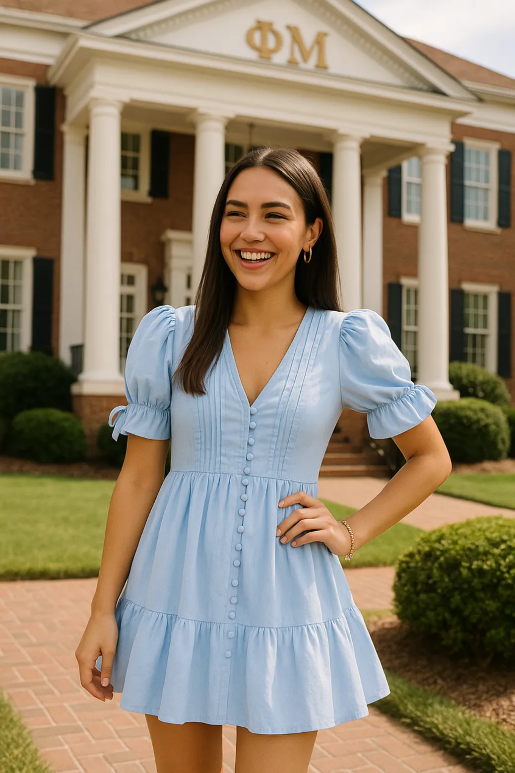 Woman in a blue button-down mini dress
