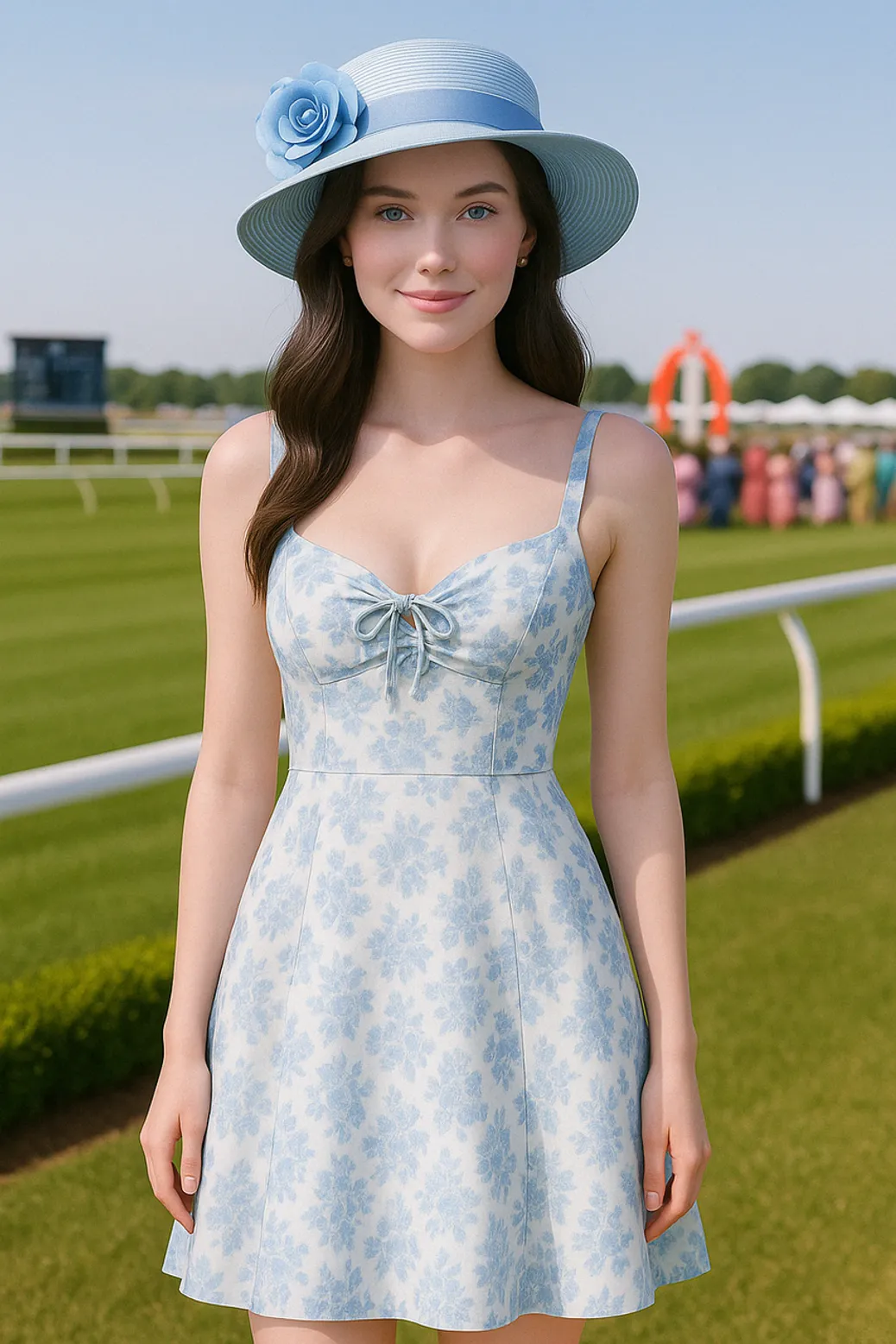 Woman in soft blue floral dress with hat at derby