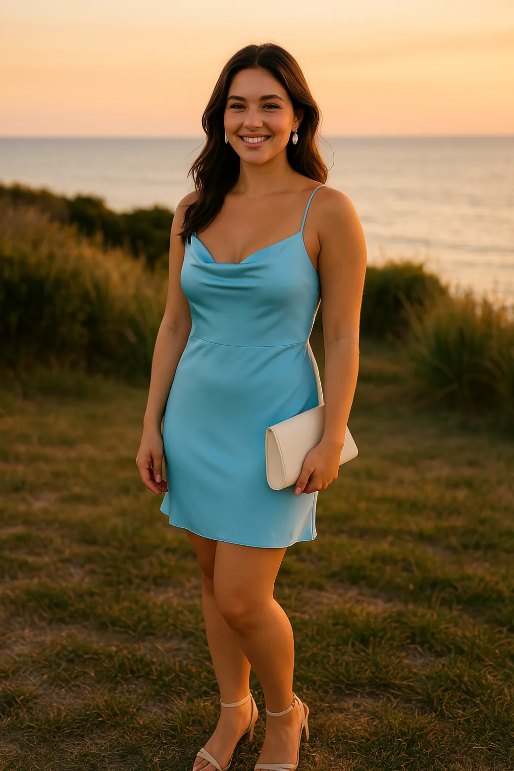 Woman in blue satin mini dress by the beach at sunset
