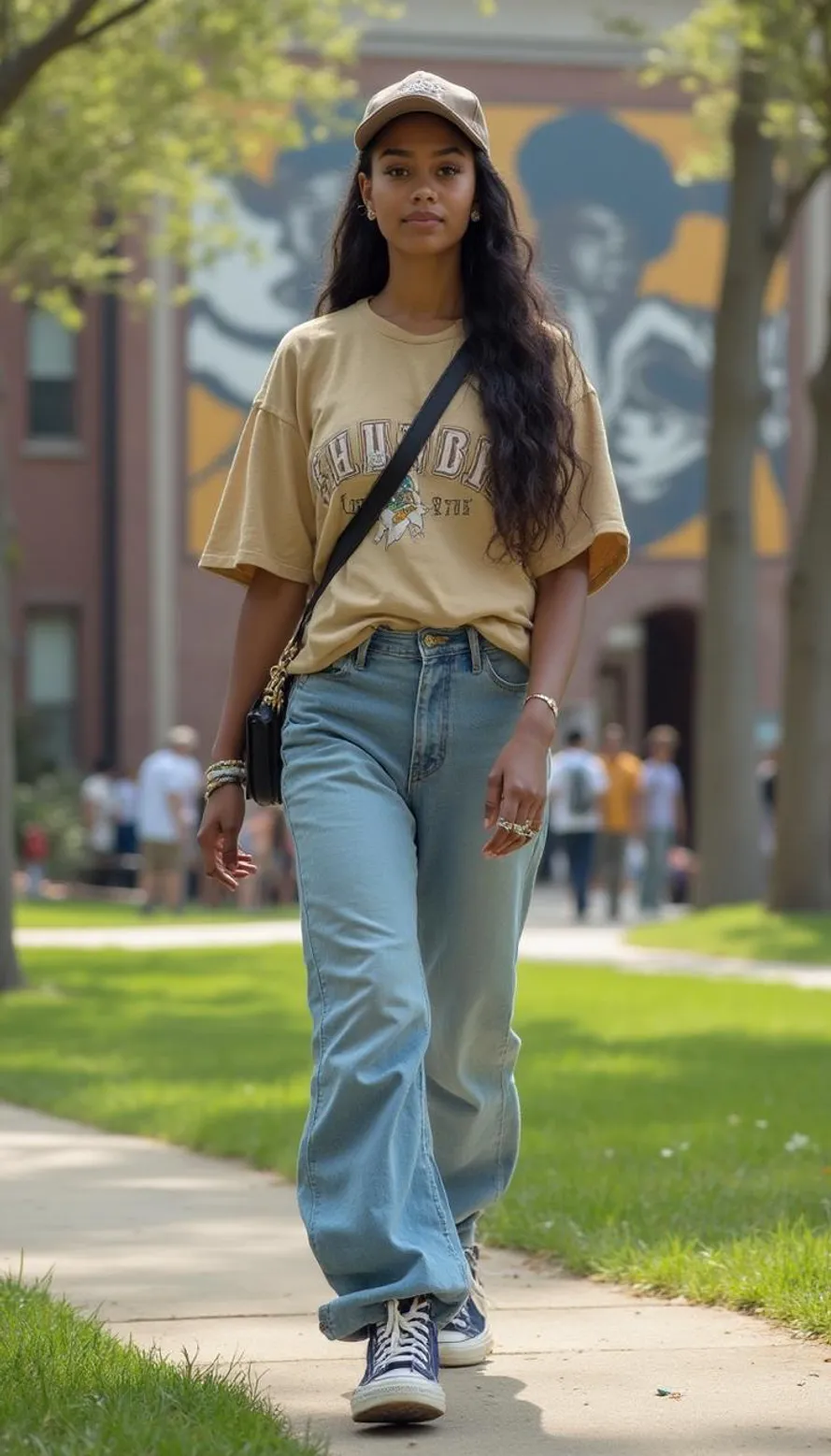 College student in oversized graphic tee and loose jeans with baseball cap