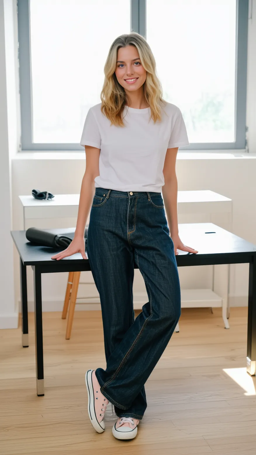 Intern in white t-shirt and dark jeans with pink sneakers