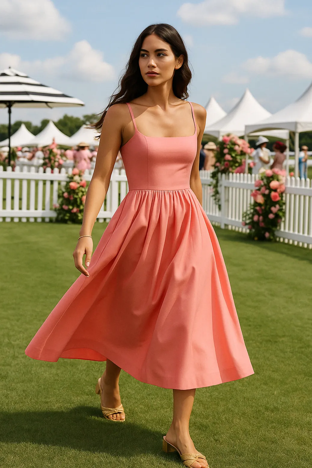 Woman walking in coral midi dress at derby