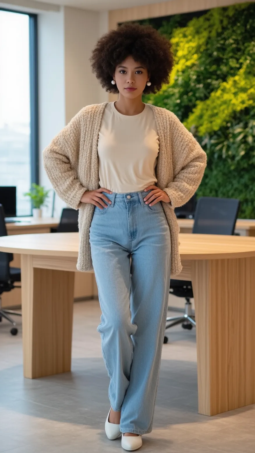Woman wearing beige cardigan and light blue jeans in office