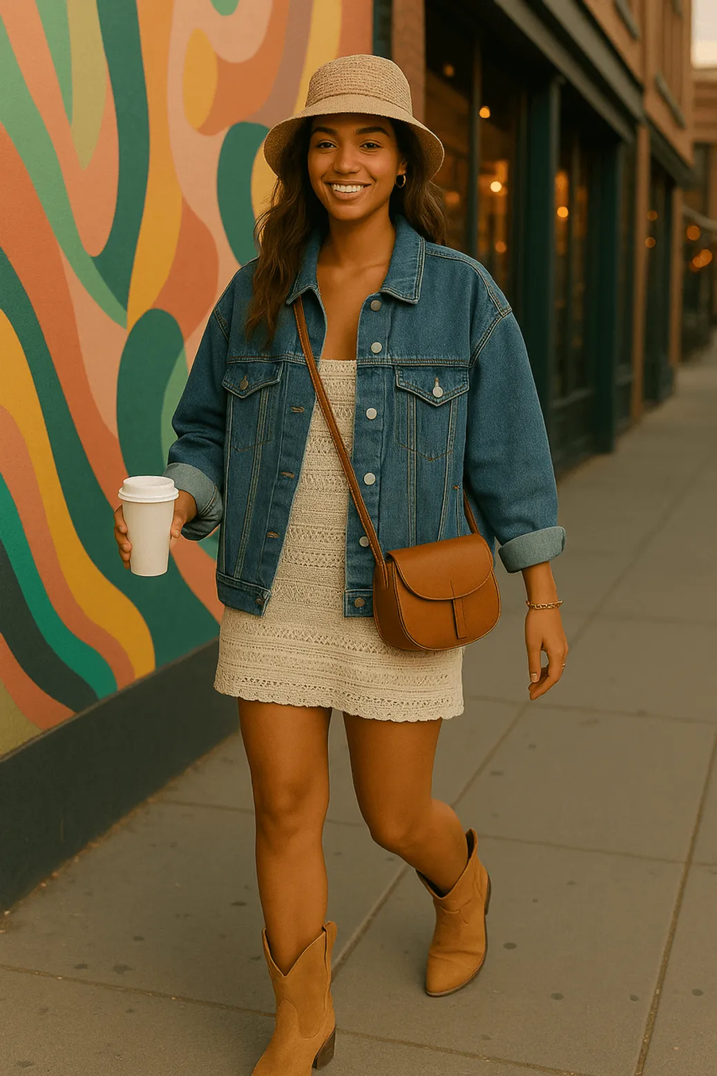 Woman in denim jacket and cowboy boots with white summer dress