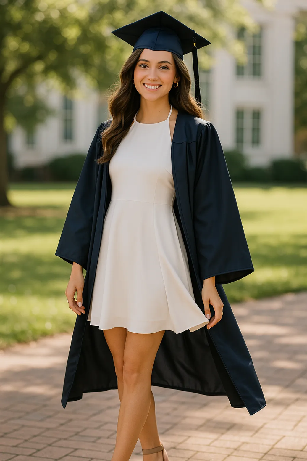 Female graduate wearing a navy blue gown and white dress smiling outdoors on campus
