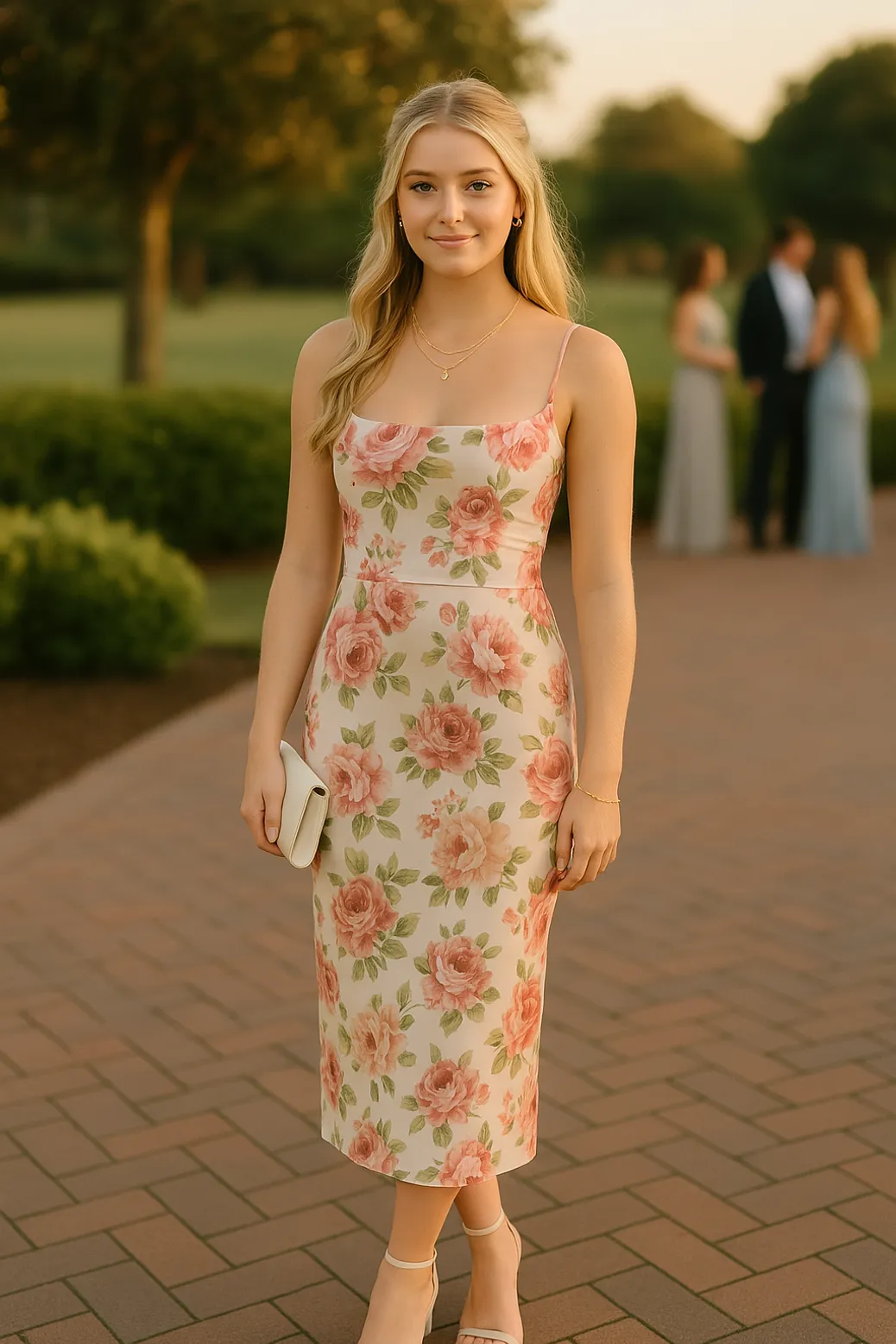 Woman in white midi dress with pink floral print