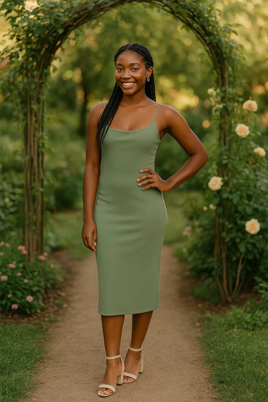 Woman in green bodycon midi dress standing in a garden