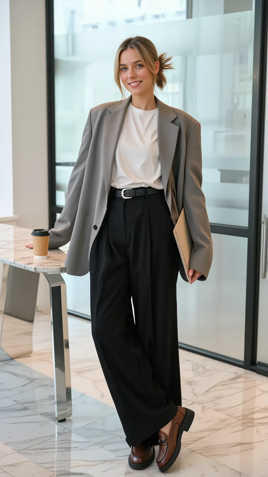 Woman in grey oversized blazer and wide-leg black trousers