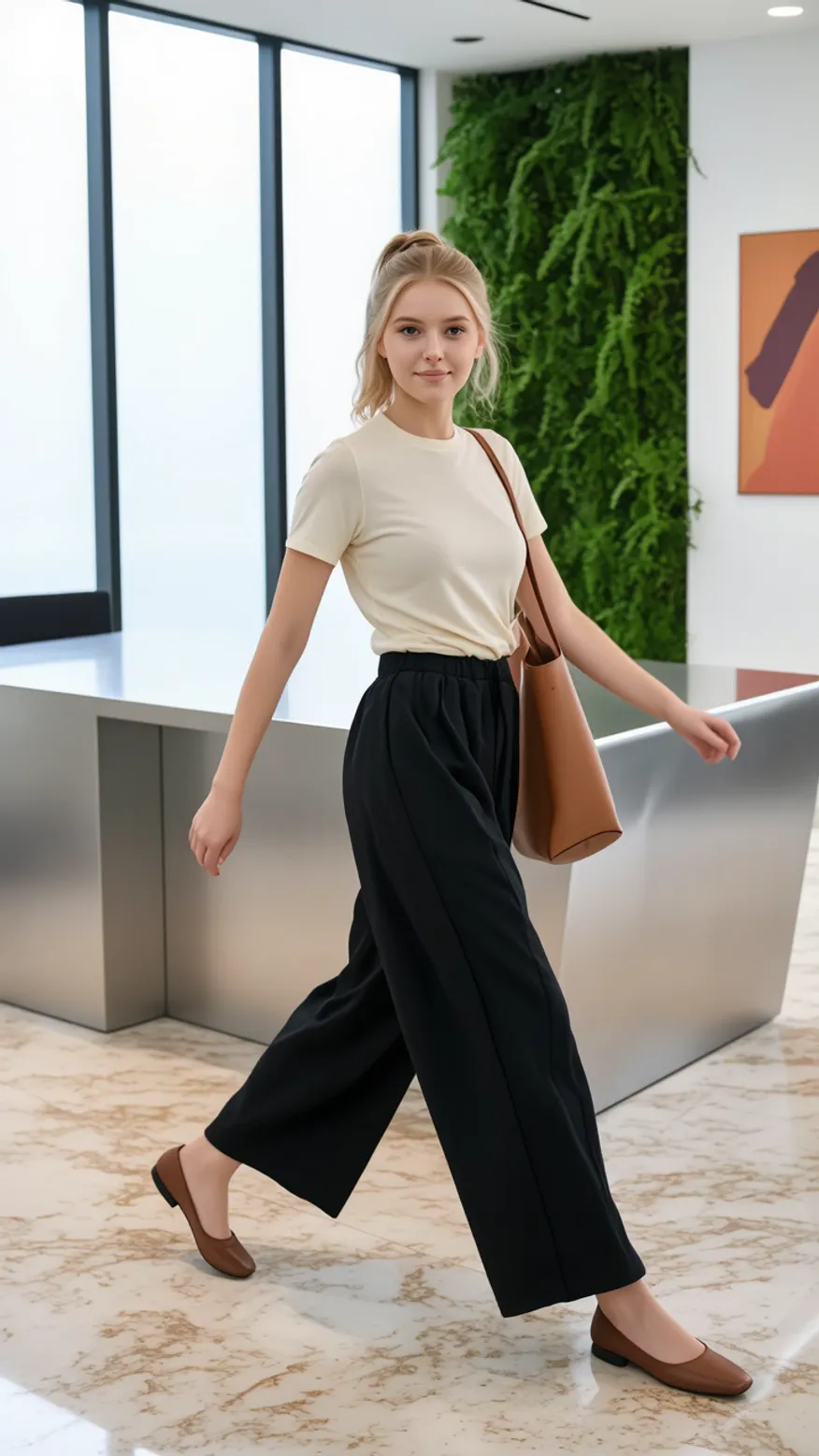 Woman in ivory t-shirt and black wide-leg trousers walking in office