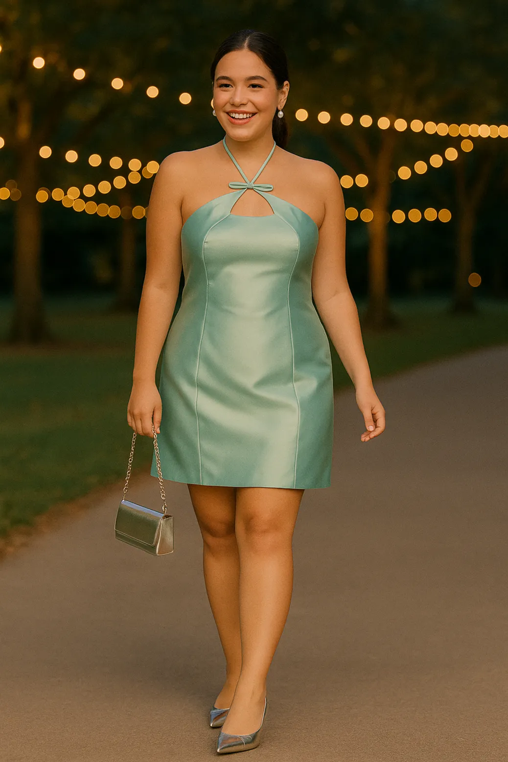 Woman in a mint green satin halter dress