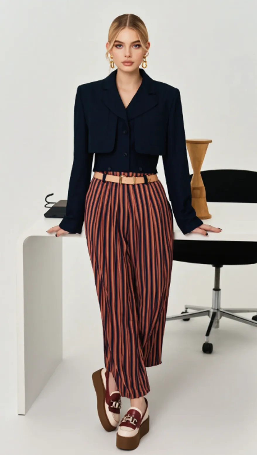 Woman in navy cropped blazer and striped wide-leg pants